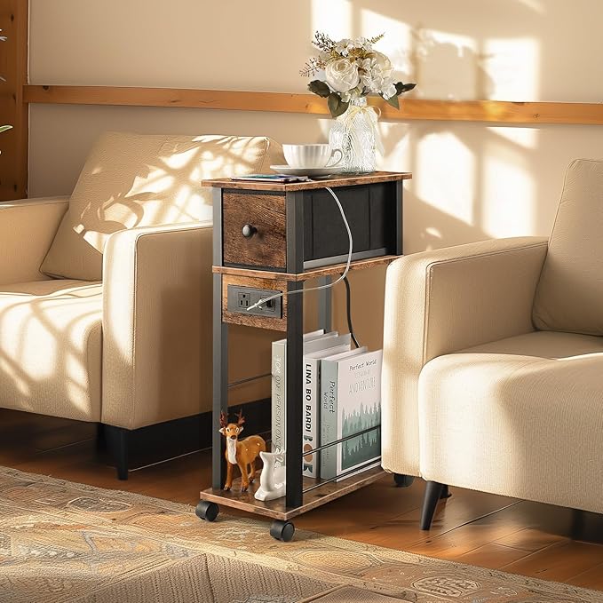Side Table Set of 2, Side Table with Charging Station and Drawer, Narrow End Table with USB Ports and Outlets for Small Space, Living Room, Bedroom and Office, with 4 Wheels
