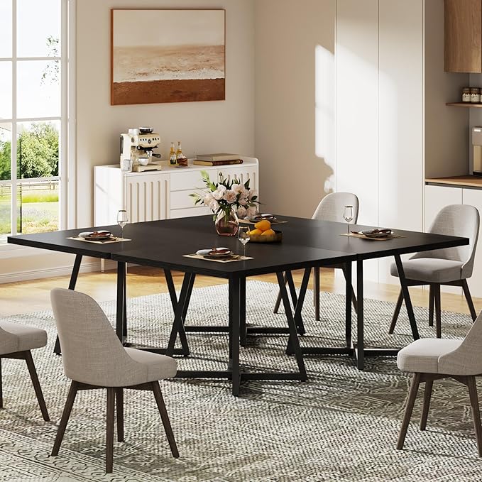 Tribesigns Square Dining Table for 8, 31.5" Industrial Dinner Table with Metal Base, Kitchen Table for Dining Room, Small Space, Apartment, Black