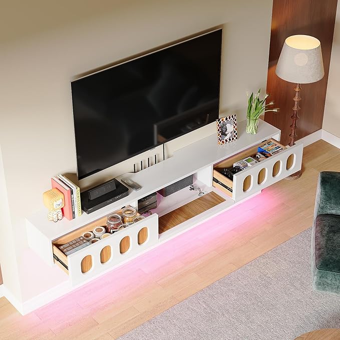Floaticase Fully Assembled Floating TV Stand, 55IN High Gloss Wall Mounted Entertainment Center with Flip-Down Doors & Drawers, TV Console Under TV Shelf for Bedroom Livingroom