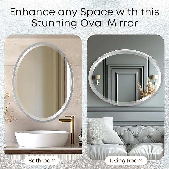 OVALCREST - Oval Wooden Beveled Wall Mirror for Home Decor, Bathroom, Vanity, Bedroom, Living Room, Hallway - London Style (Silver Spray) 25.1 x 37.1
