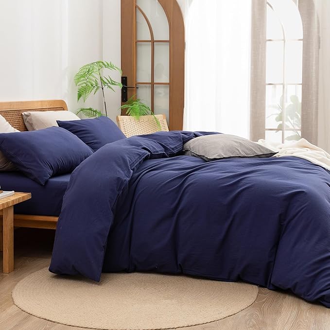 BESTOUCH Duvet Cover Set 100% Washed Cotton Linen Feel Super Soft Comfortable Chic Lightweight 3 PCs Home Bedding Set Solid Navy Blue Queen