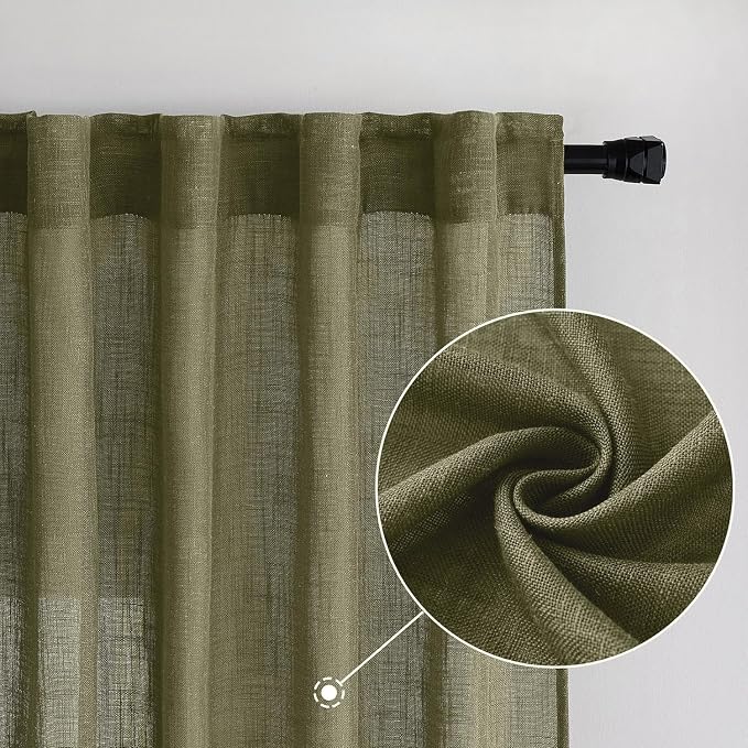 MIULEE Light Olive Green Linen Curtains 96 Inches Long 2 Panels - Image 2
