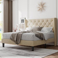 Feonase Full Size Bed Frame with Upholstered Wingback Headboard, Platform Bed and Heavy Duty Wooden Slats Support, Easy Assembly, Noise-Free, No Box Spring Needed, Beige