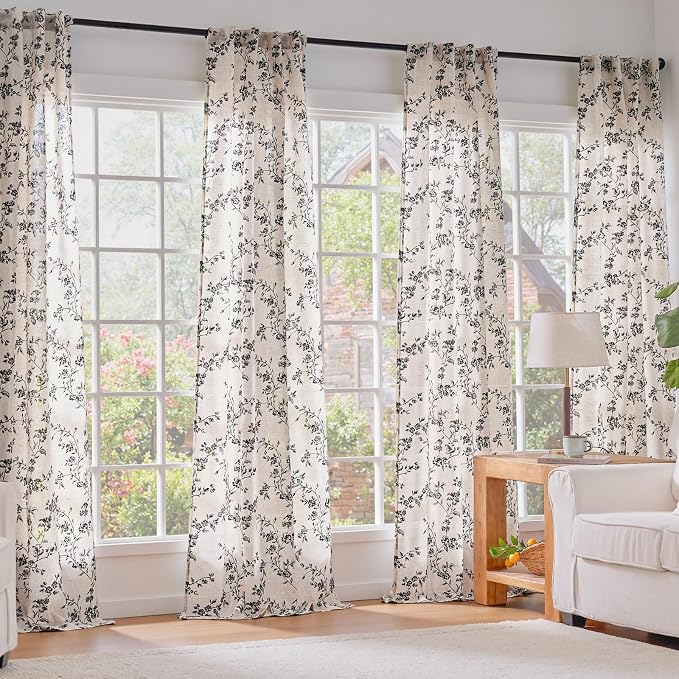 Lazzzy Black Floral Linen Curtains 84 Inch Farmhouse Back Tab Drapes - Image 6