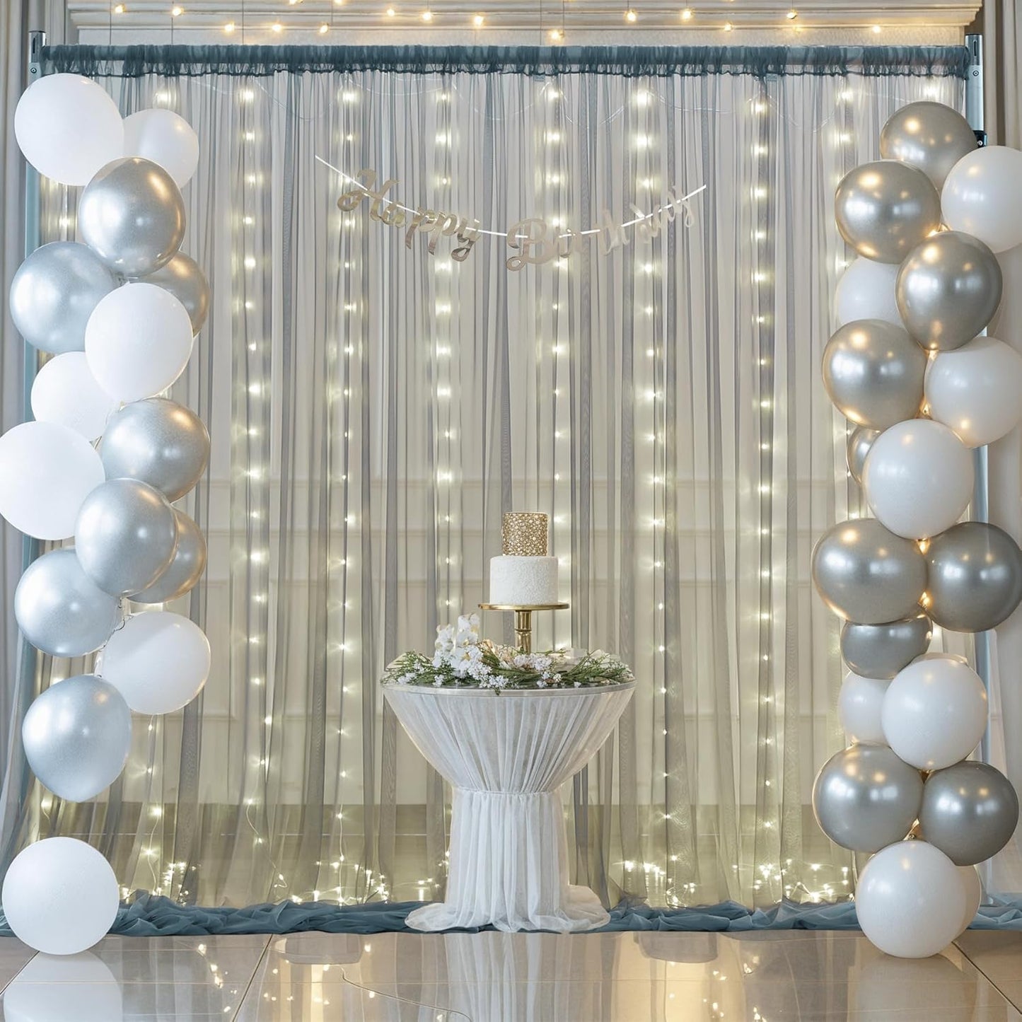 Silver Grey Tulle Backdrop Curtain with Lights String for Parites 10x8ft Sheer Backdrop Curtains for Birthday Party Bridal Shower Baby Shower Wedding Ceremony Prom Photo Booth Background Decorations
