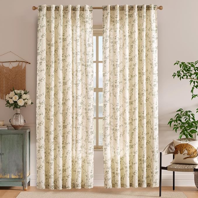 Lazzzy 90 inch Long Curtain for Bedroom Green Floral Linen Drapes for Living - Image 2