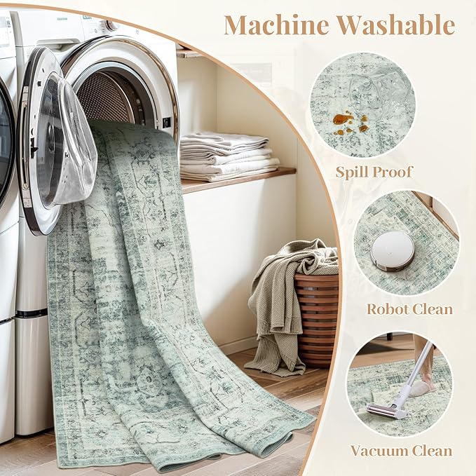 LIVEBOX Washable Rug 2x4 Kitchen Mats for Floor Entryway, Non Slip Front Door Mat for Bathroom Hallway, Boho Low-Pile Small Carpet Farmhouse Indoor Runner Rugs for Bath, Sage Green