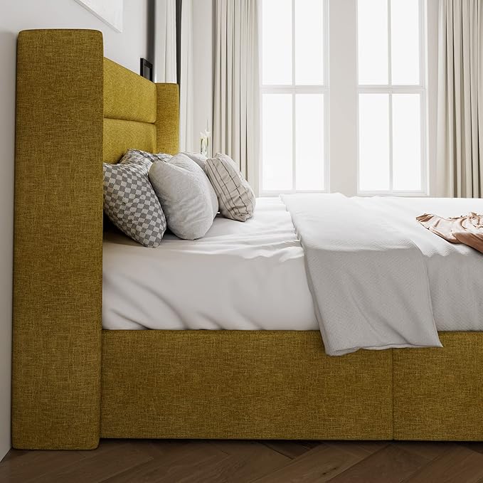 SHA CERLIN King Size Lift Up Storage Bed/Modern Wingback Headboard/Upholstered Platform Bed Frame/Hydraulic Storage/No Box Spring Needed/Wood Slats Support/Olive Yellow