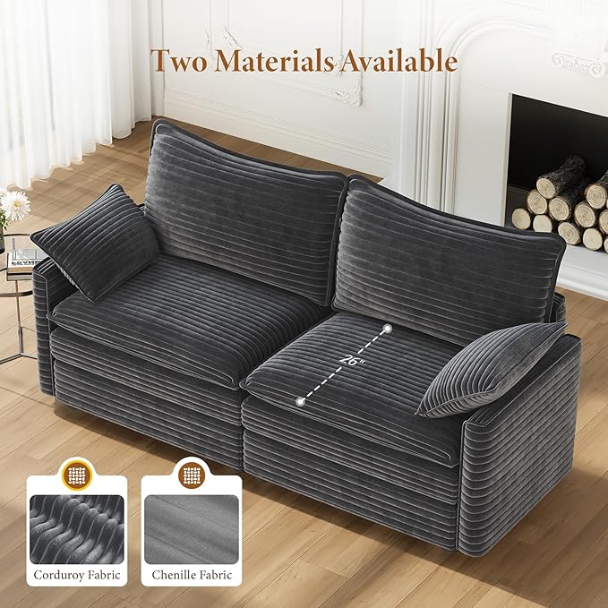 Vesgantti 74" Loveseat Sofa for Living Room, Comfy Cloud Couch Deep Seat Corduroy Modern 2 Seater Small Sofa with Armrest Pillow, Easy Assembly for Small Spaces, Gray