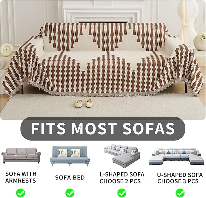 HAOMAIJIA Boho Sofa Covers Couch Covers for 2 Cushion Couch Sofa Pet Friendly Soft Thick Non Slip Couch Cover for Dogs Washable Sectional Couch Covers L Shape Furniture Protector (Brown, 71"x102")