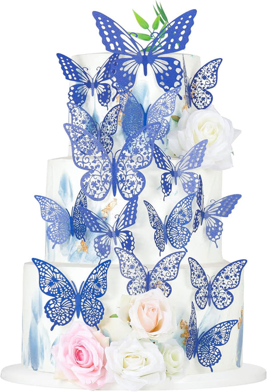 Gyufise Lively 3D Butterfly Cupcake Toppers - 36 Pack Hollow Cake Decorations for Birthday, Wedding, Fairy Party - Blue Glitter