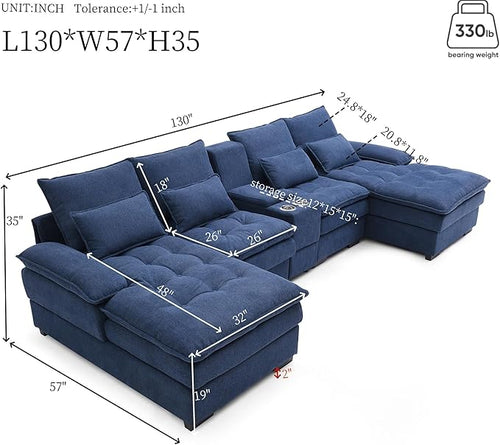 130" U-Shaped Sectional Sofa with Storage Console & Cup Holders, Upholstered 6 Seat Living Room Sleeper Couch Furniture Set w/Chaise, Cloud Cushion Couch for Home, Office, Apartment,Blue