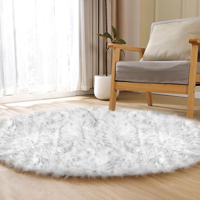 ORINOVA White and Grey Shaggy Round Rugs 6.6ft Large Circle Washable Faux - Image 3