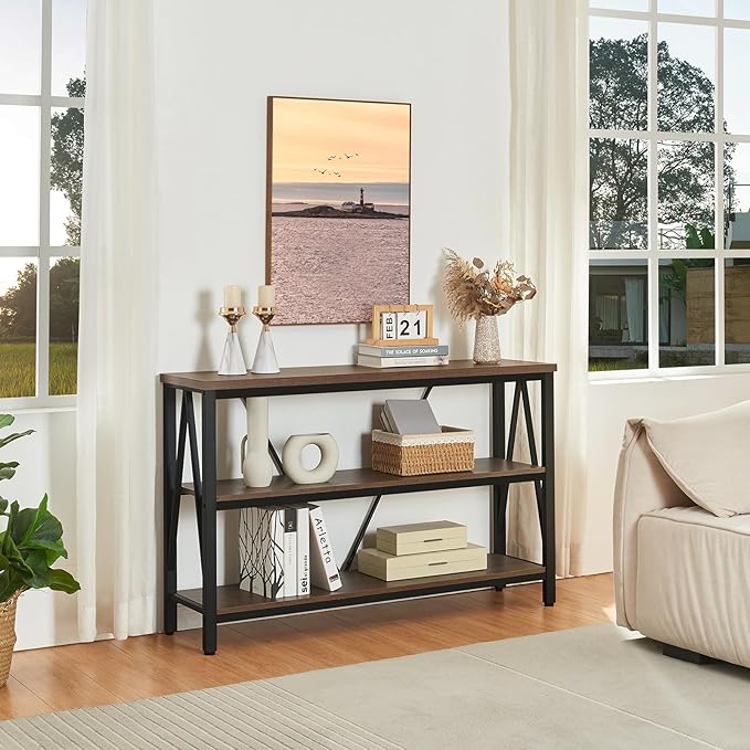 HOMISSUE Entryway Console Table, Rustic Console Table with Wide Storage, Industrial Foyer for Entryway with 3-Tier Open Shelves, Entry Tables for Living Room, Hallway, Brown, 47 Inch