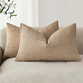 Foindtower Set of 2 Decorative Linen Check Throw Pillow Covers Neutral Farmhouse Lumbar Cushion Covers Modern Coastal Boho Home Decor for Sofa Chair Couch Bedroom Living Room Outdoor,12×20 Inch,Camel