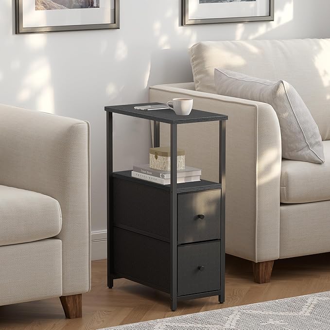 TUTOTAK Small Narrow End Table, Set of 2, Side Table, Nightstand with 2 Cloth Drawers, Couch Table, for Living Room, Bedroom, Bedside, Black TB01BK054