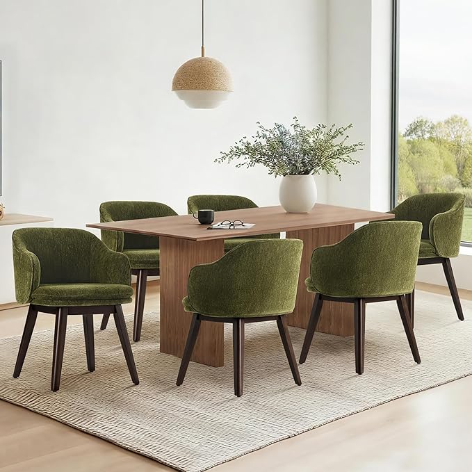 Wooden Dining Chairs Set of 4, Fabric Upholstered Modern Dining Room Chairs with Barrel Backrest & Double-Layer Thick Cushion for Living Room, Restaurant, Kitchen and Café, Green, 2 Boxs