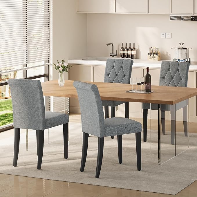 Upholstered Dining Chairs Set of 2, Button Tufted Parsons Dining Chair with Solid Wood Legs, Modern Fabric Side Chair for Dining Room/Kitchen/Restaurant/Hotel- Grey