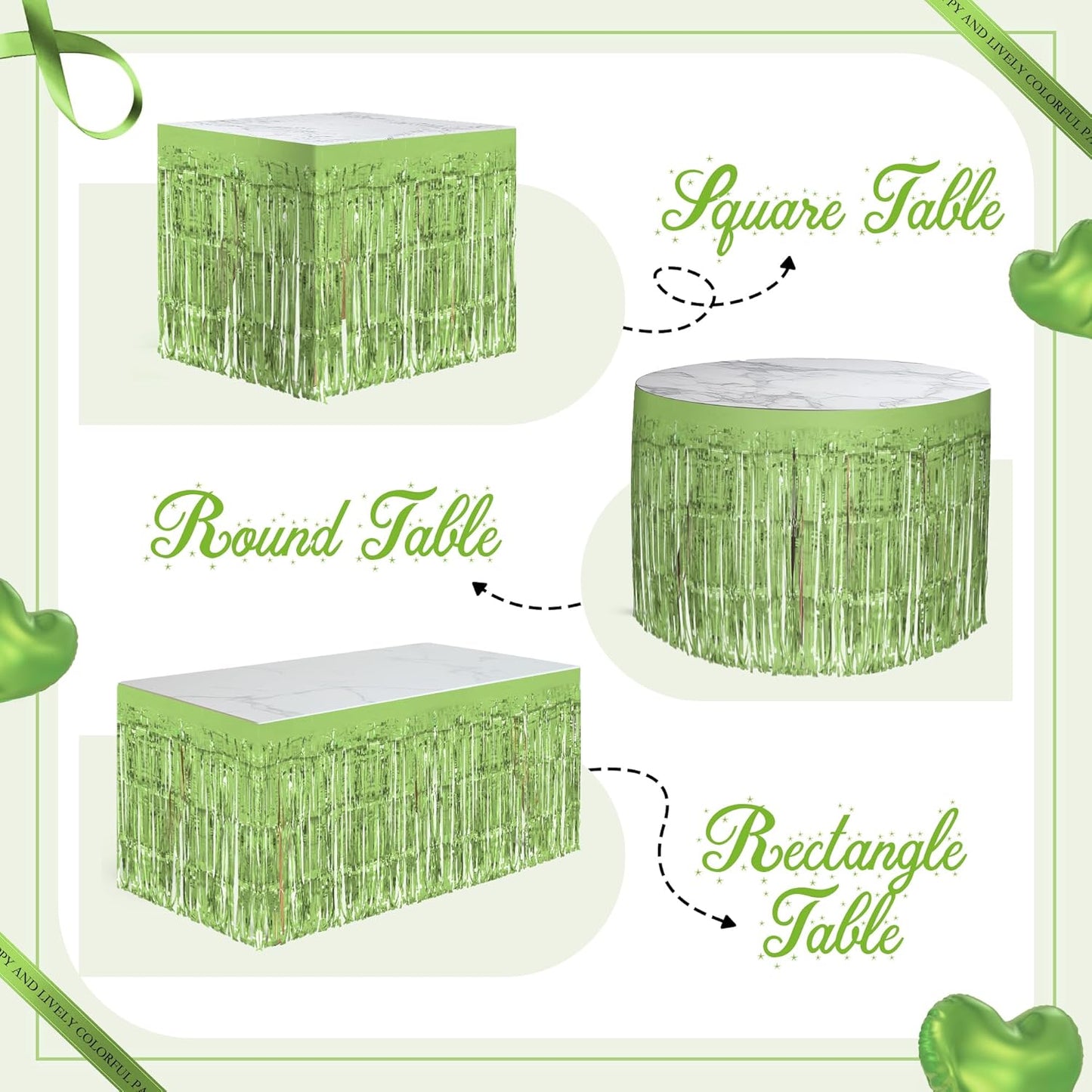 1 Pack Light Green Table Skirts, 29x108" Metallic Foil Tinsel Fringe Table Skirts for Rectangle Tables Streamer Curtains Backdrop, Party Decorations for Birthdays Weddings Holidays