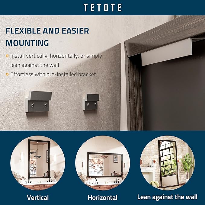 TETOTE 48 x 24 Black Wood Framed Mirror for Bathroom Wall/Bedroom/Living Room/Entryway Farmhouse Rustic Bathroom Vanity Mirror Waterproof (Horizontal/Vertical Mounted)