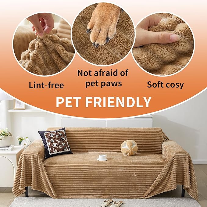 HAOMAIJIA Faux Fur Sofa Covers Couch Covers for 3 Cushion Couch Sofa Pet Friendly Soft Non Slip Couch Cover for Dogs Washable Sectional Couch Covers L Shape Furniture Protector (Khaki, 71"x150")