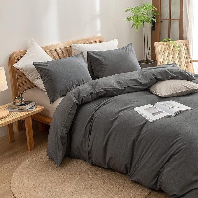 BESTOUCH Duvet Cover Set 100% Washed Cotton Linen Feel Super Soft Comfortable Chic Lightweight 3 PCs Home Bedding Set Solid Dark Grey Cal King
