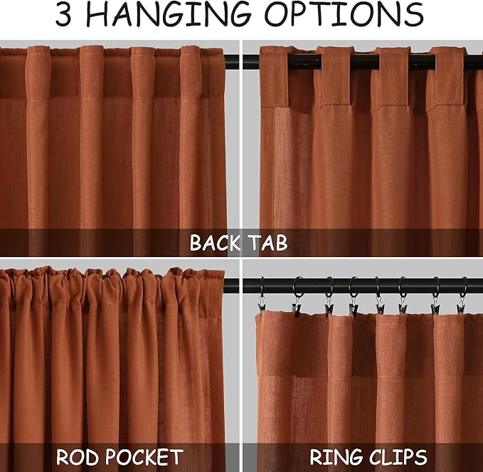 Nanspring Rustic Farmhouse Linen Curtains 96 Inches Long 2 Panel Set Back Tab - Image 2