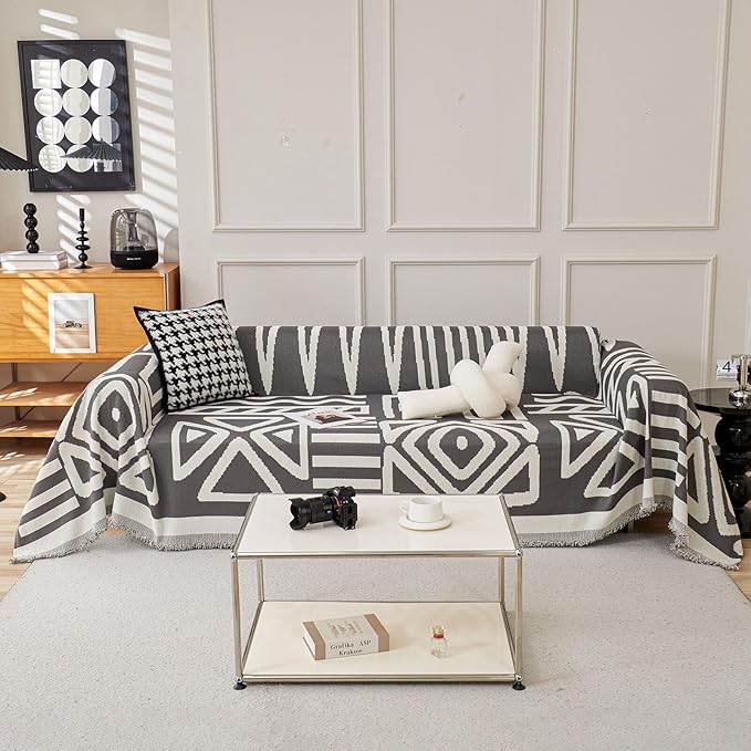 HANDONTIME Reversible Sofa Cover Boho Geometric Couch Cover for Dogs Dark Grey Couches Covers Washable Chenille Couch Covers for 3 Cushion Couch Pet Friendly Furniture Protector for Pets, 71" X150"