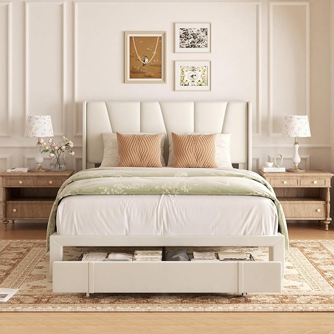 Full Bed Frame with Storage Drawers, Upholstered Platform Bed with Headboard and Wingboard, No Box Spring Needed, Noise Free, Easy Assembly, Wooden Support Slats, Beige