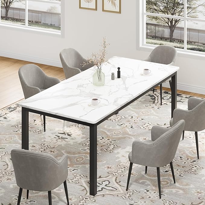 GarveeHome 70.8in Industrial Dining Table for 6, Wooden Long Dinner Table with Mortise Tenon Design, Kitchen Table with Sturdy Metal Legs, for Dining Room Home Office Living Room, White