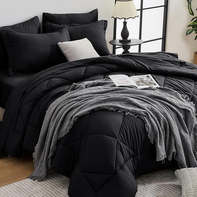 HEVUMYI Black Queen Comforter Set - 7-Piece All Season Bed in a Bag Queen, Ultra Soft Bedding Set with Comforter, Flat Sheet, Fitted Sheet, Pillowcases, Pillow Shams, Black
