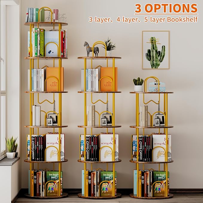 3 Tier Rotating Bookshelf, 360° Spinning Bookshelf Tower, Round Narrow Space Saving for Books and Display, Revolving Bookcase Corner Tall Book Shelf for Small Spaces, Bedroom, Living Room, Gold+Brown