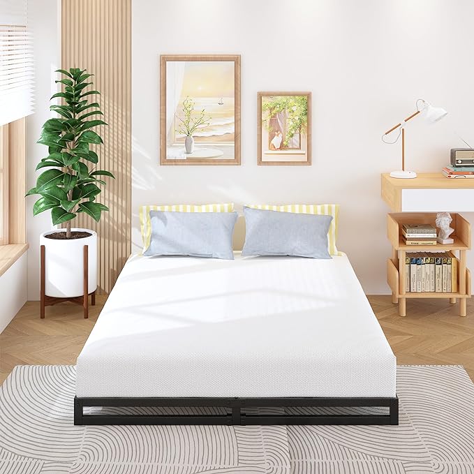 6 Inch Bed Frame Queen Size Heavy Duty Steel Slat Support Metal Platform Queen Bed Frame No Box Spring Needed, Easy Assembly, Black