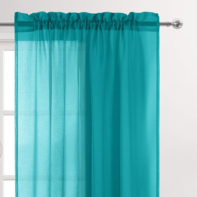 DWCN Turquoise Sheer Curtains Semi Transparent Voile Rod Pocket Curtains - Image 2