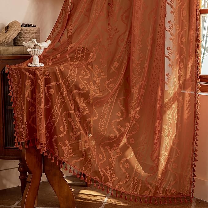WAZZIO Boho Lace Curtains 63 Inch 2 Panels-Vintage Sheer Panel Drape Floral by WAZZIO