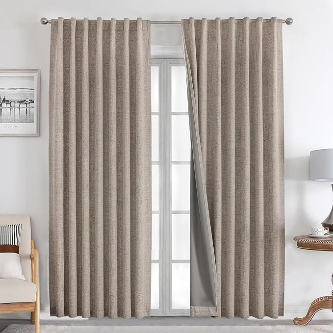 Joydeco Natural Linen Curtains 120 inch Length 2 Panels Set Burg 100% Blackout Patio Door Curtain Room Darkening Sliding Door Curtains Thermal Insulated Back tab Rod Pocket(105x120 inch, Linen)