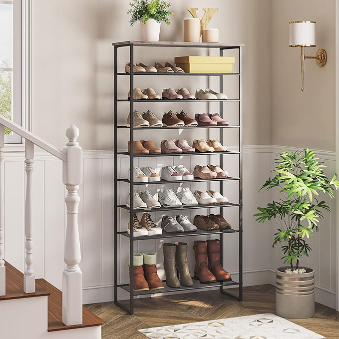 HOOBRO 10-Tier Shoe Rack, 29.5" L Shoe Storage Organizer, Large Capacity Shoe Shelf for Front Door Entrance, Entryway, Hallway, Holds 36-40 Pairs of Shoes, Closet, Greige and Black BG107XJ01