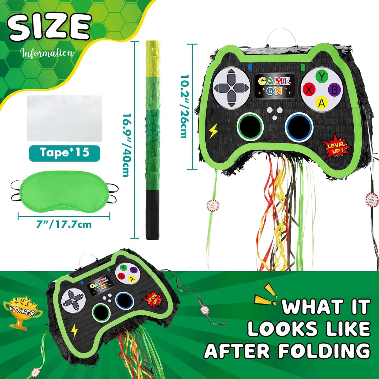 WERNNSAI Foldable Video Game Piñata - Pull String Gaming Birthday Party Supplies Extendable Piñata with Blindfold Bat and Tassels Game On Birthday Party Decoration Folding Piñatas for Classroom Game