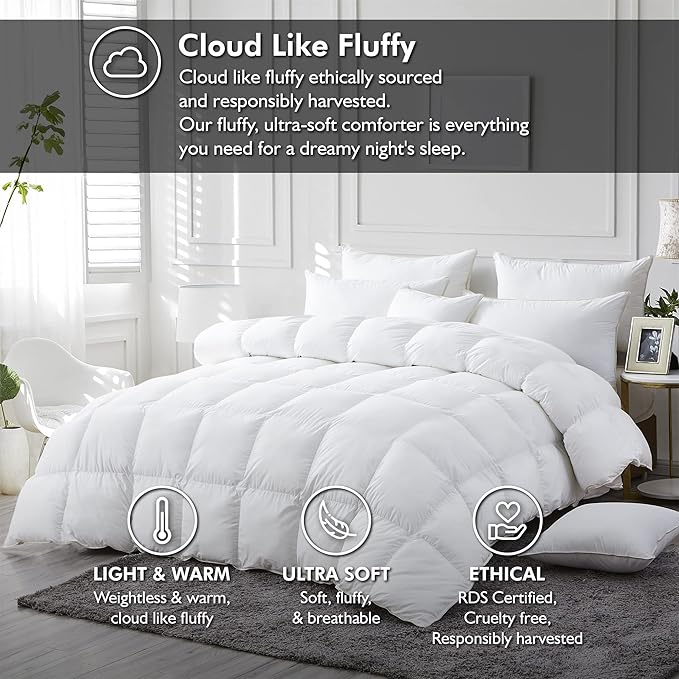 Luxurious White Solid Medium Weight, Twin Size Goose Feathers Down Comforter for All-Season Weather Duvet Insert, Premium Baffle Box, 100% Egyptian Cotton Cover, 55 oz. Fill Weight