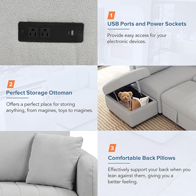 Ball & Cast L-Shaped Sectional Pull Out Sofa with Two USB Ports,4-Seater Convertible Couch w/Power Sockets and Movable Storage Ottoman,for Living Room,Apartment,Grey