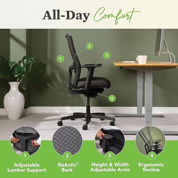 HON Ignition 2.0 ReActiv Ergonomic Office Chair, Standard Synchro-Tilt Recline, Breathable Flex Back, Swivel Wheels, Comfortable Desk Chair for Long Hours, Black Frame, Black