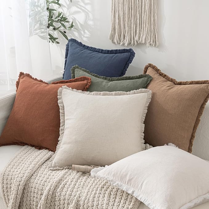 MIULEE Decorative Throw Pillow Covers Neutral Linen Fringe Throw Pillows Euro - Image 4