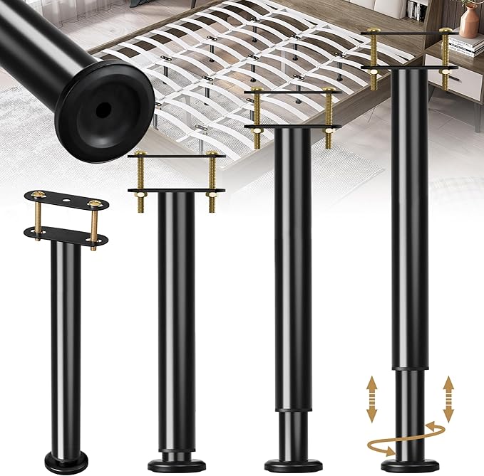 4 Pcs Adjustable Bed Frame Center Support Legs, Heavy Duty Cold Rolled Steel Bed Slat Support Legs With Wider Base, Bed Frame Leg Replacement, Furniture Support Reinforcement Kit, Height 13.8‘’-23.6‘’