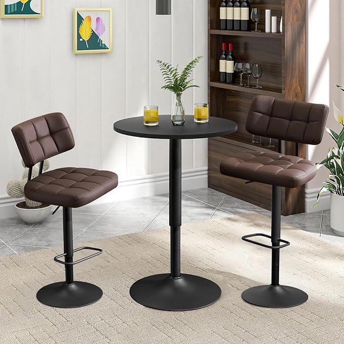 Furniliving Upholstered Bar Stools Set of 4, Faux Leather Swivel Bar Stools with Back, Adjustable Counter Height Barstools for Kitchen Island, Dining Space, Brown