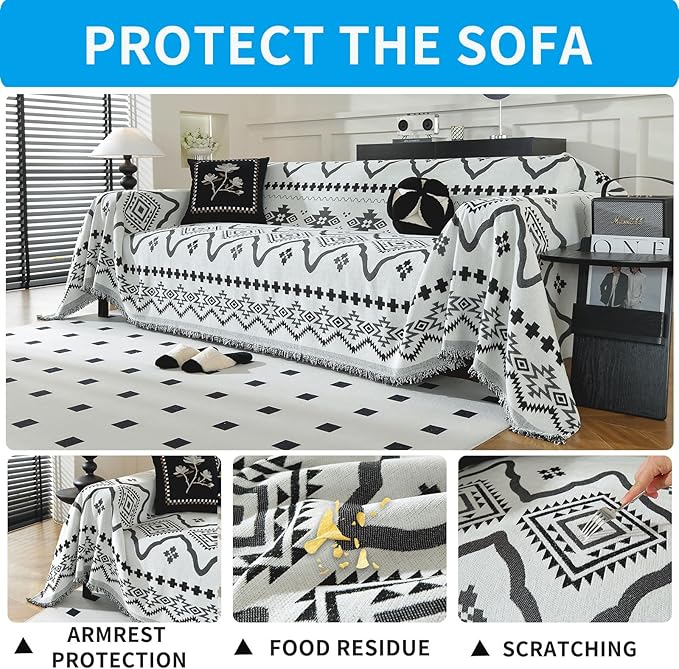 LUFEIJIASHI Boho Couch Covers for Sofa Non Slip Sofa Covers Washable Couch Covers for 3 Cushion Couch Sofa Pet Friendly Sectional Couch Cover Blanket Furniture Protector for Dogs (Black, 91"x118")