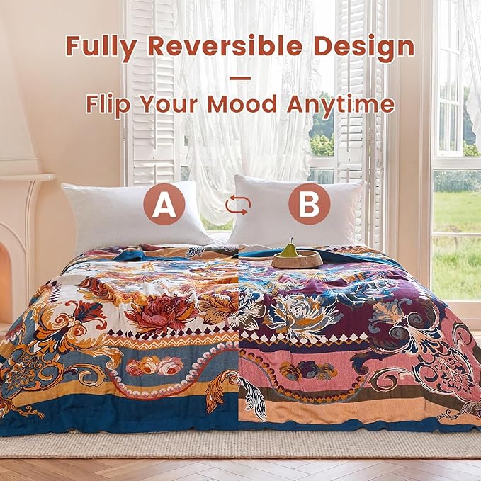 MSGKV Boho Throw Blanket 60"x80" Bed Floral 100% Cotton Blanket Spring - Image 4