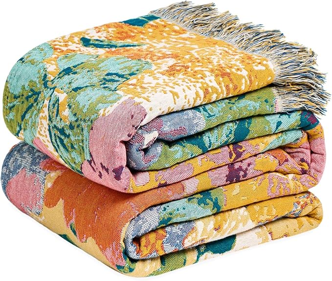 MSGKV Boho Throw Blanket for Bed 60"x80" Cotton Couch Blankets Floral Twin Size by MSGKVHomeTextiles