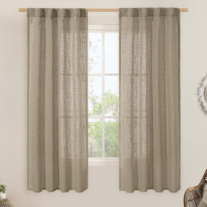 LAMIT Linen Curtains 60 Inch Length 2 Panels, Light Filtering Panels Back Tab by LAMIT