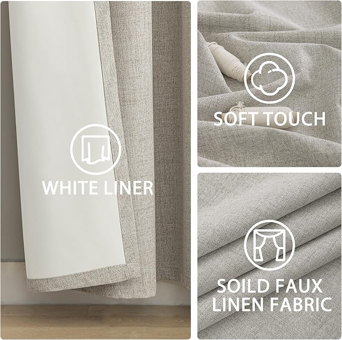 Yakamok Oatmeal Linen Curtains 100% Blackout 96 Inches Long, Room Darkening - Image 6