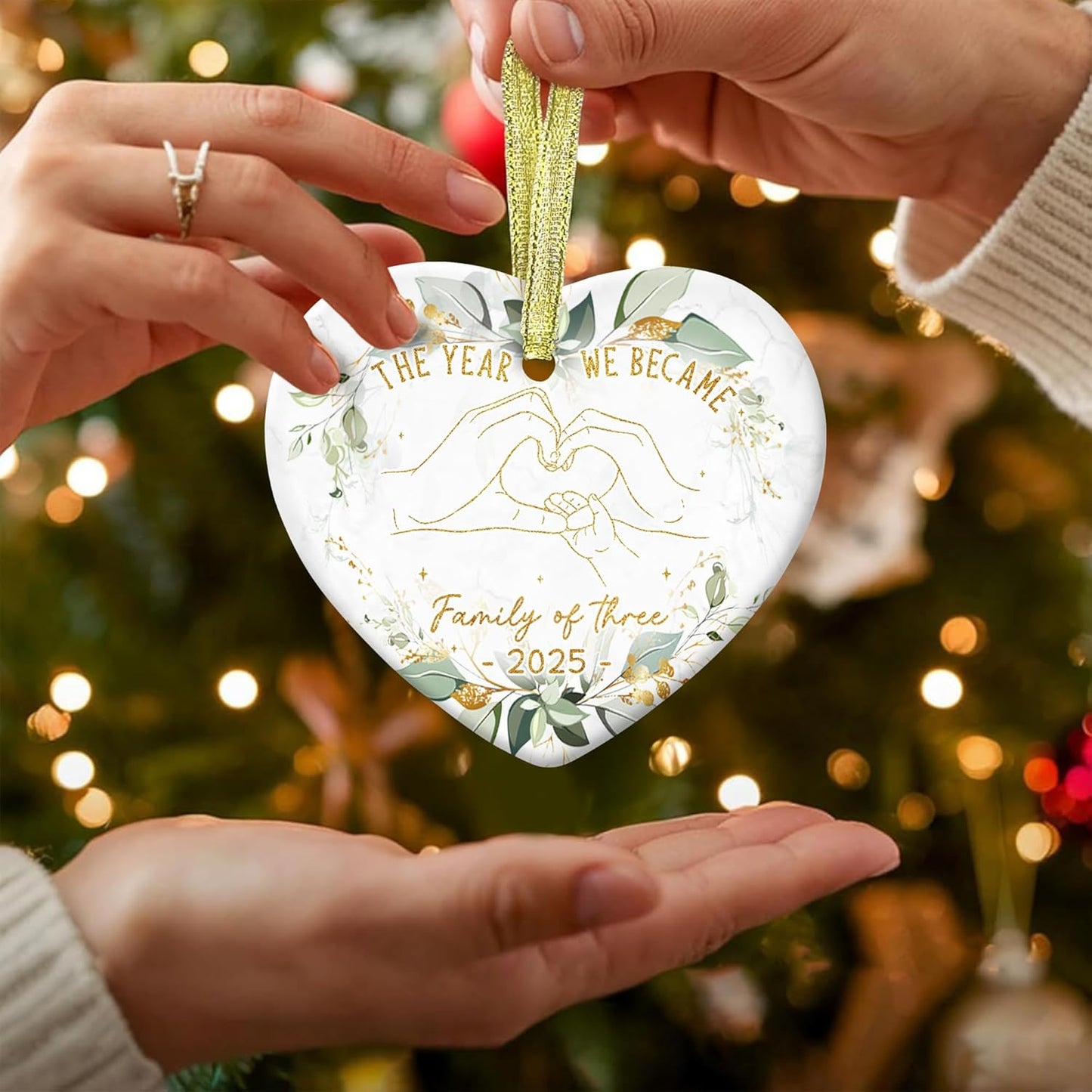 GOSSBY Baby First Christmas Ornament 2025 - The Year We Became Family of 3 - Baby Frist for New Parents - Newborn, 1st Xmas Tree Decoration - Heart-Shaped Ceramic Ornament